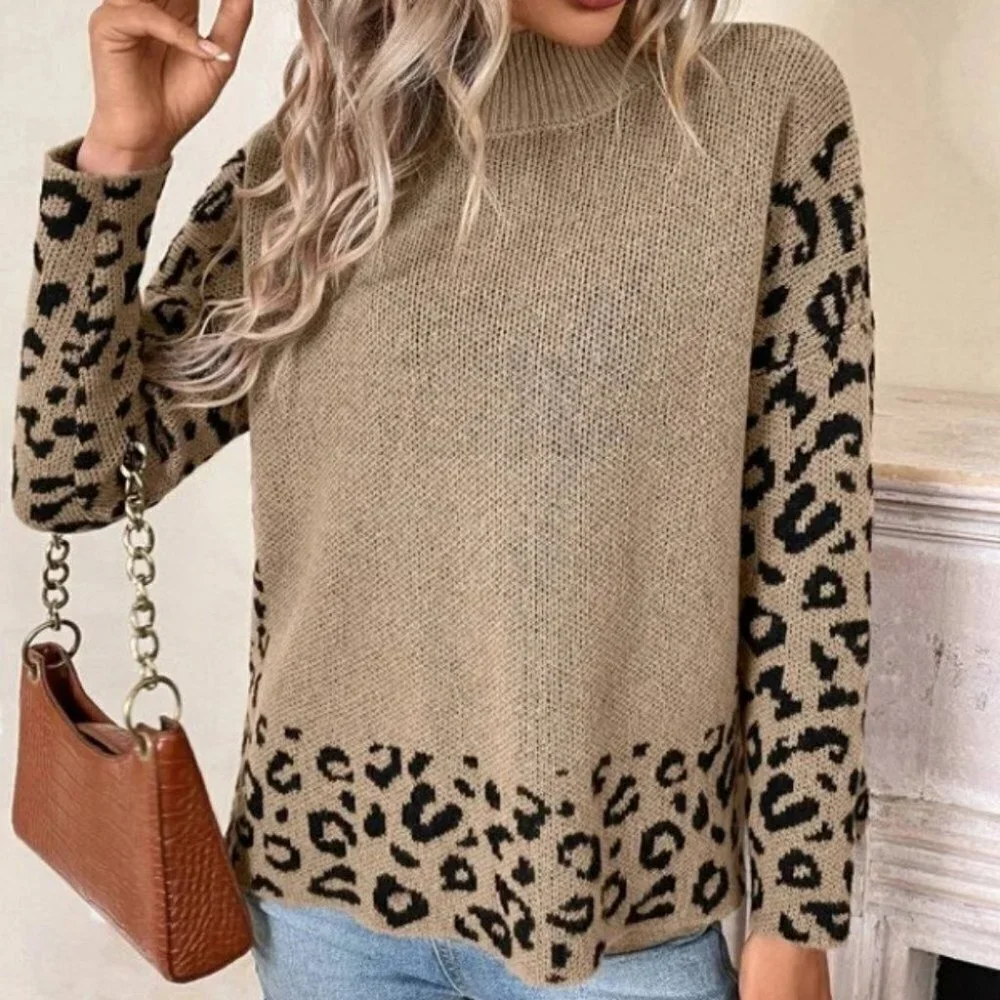Leopard Mock Neck  knit Sweater top fall winter tan black